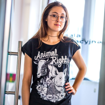 Damska koszulka czarna Animal Rights z poodobiznami krowy, świni, kury i kurczaka